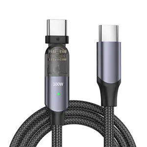 Carcasa transparente PD100W 5A de 2M, Cable de datos de carga rápida con rotación de 180 grados, USB C a tipo C, para Huawei y Xiaomi