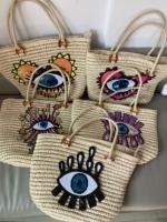 Sacs fourre-tout en paille personnalisés pour les vacances à la plage, motif « Yeux du Diable », grande capacité, avec bandoulière chaîne décontractée et doublure en cuir véritable