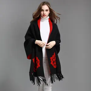 Негабаритных стороне двойной шарф зимние кашемировые пончо для женщин с цветочным рисунком дизайнерская женская одежда с длинным рукавом в винтажном стиле, с отложным воротником