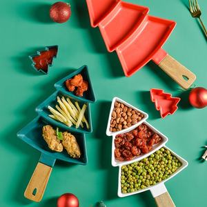 Plateau présentoir de service à thé assiette, <span class=keywords><strong>arbre</strong></span> de noë<span class=keywords><strong>l</strong></span> séparée plateau de Snack créatif ménage manche en bois, Restaurant créatif d'après-midi assiette - Product Image 1