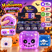 Jouet Squishy Cube Pailleté Halloween Citrouille Crâne Œil, Jouet Anti-Stress Doux à Presser pour Fête et Cadeau