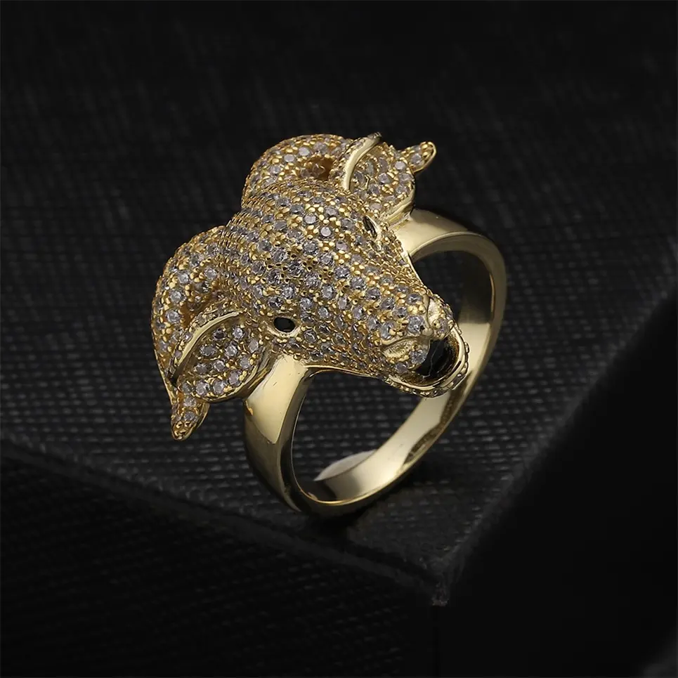 Wholesale Hot Style Jeweler Hip Hop Biker Gothic Punk Bling Iced Out Micro Pave 14K Gold Cz Diamond S925 Animal Goat Rings