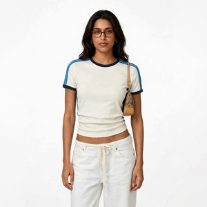 T-shirt Ringer à manches courtes crème pour femme avec rayures bleues et imprimé Mon Cherie 08 - Product Image 1