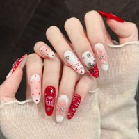 Faux Ongles Longs Ovales Faits Main à Coller, Rouge Blanc Rose, Nœud, Fleur 3D, Croix Argentée, Étoile, Classiques Brillants, Lot de 10 Faux Ongles