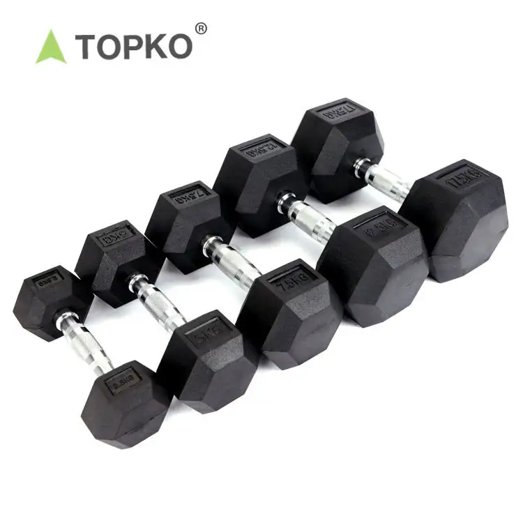 TOPKO Wholesale China Manufacturer Custom Free Weight Gym 1-60 KG Set Metal Handle Cast Iron Rubber Hex Hexagon Dumbbell