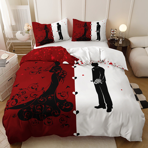 Impression numérique 3D Motif personnalisé <span class=keywords><strong>Noir</strong></span> Rouge He She Queen King Couple Mariage Literie Polyester Housse de <span class=keywords><strong>couette</strong></span> Ensemble - Product Image 3