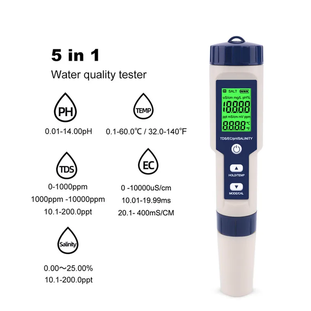 Professional 5 in 1 PH Meters Testing Kit for Drinking Water EC TDS PH Temperature Salinometer Water Quality Detector