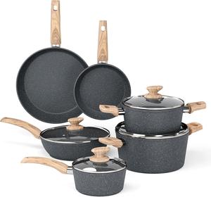 Juego de utensilios de cocina de aluminio antiadherente de granito gris de 7 piezas, sartén, cacerola y olla con asas efecto madera y tapas de vidrio - Product Image 1