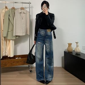 Yuanbofei High-Waist <strong>Women's</strong> Solid Cotton Ripped Asymmetric Jeans Casual Straight-leg Breathable Denim Patchwork Trousers - Product Image 1