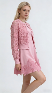 Cárdigan de Encaje Bordado de Manga Larga Color Rosa <span class=keywords><strong>y</strong></span> Elegante Vestido con Dobladillo de Encaje - Product Image 5