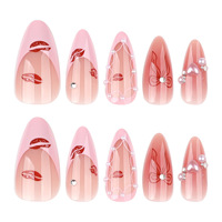 Faux ongles à presser en amande, 24 pièces, dégradé rose, motif lèvres rouges, nœud, avec décoration perles et strass, bouts d'ongles brillants