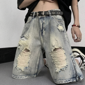 Shorts en jean déchirés pour hommes, style streetwear, coupe ample, délavé clair, pantalon décontracté d'été TKAN826 - Product Image 1