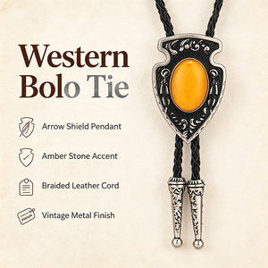 Bolo Tie Western Vintage pour Homme, avec Pendentif Flèche et Bouclier en Pierre d'Ambre, en Métal Gravé, Cordon en Cuir Tressé, Bijou Décontracté pour Chemise - Product Image 1
