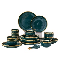 Service de vaisselle en céramique vert nordique avec bord doré, bols à soupe ronds, assiettes plates, vaisselle en porcelaine pour la maison et les restaurants