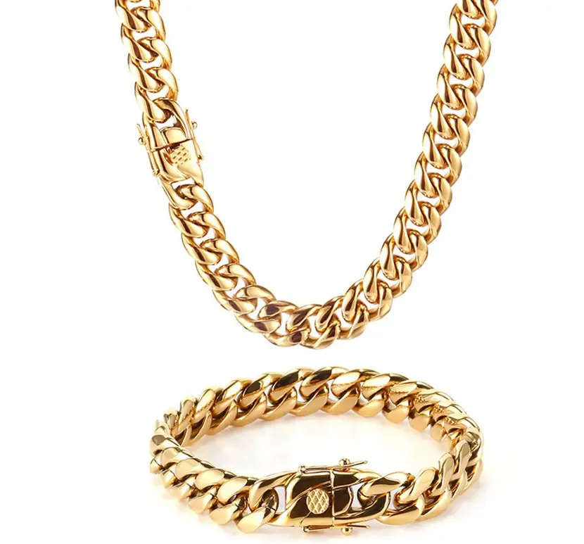 Hip Hop Gold Plated Jewelry Wholesale Stainless Steel Cuban Chain Necklace Bracelet Men Gold plated Bracelet Miami Cuban