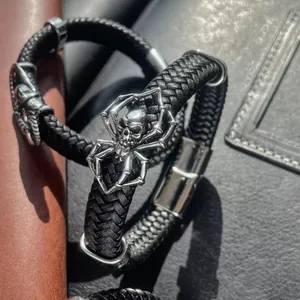 PUNK Style Spider Evil Wings Sun Black Wide Genuine Leather Wrap Wrist Bracelets Stainless Steel Bangle For Men Women