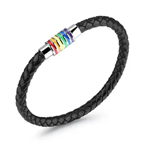 LGBTQ Accessories Supplier Stainless Steel Magnet Plaited Jewelry Rainbow LGBT Pride Handmade Braided Leather Bracelet