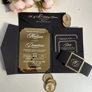 Carte d'invitation de mariage de luxe estampillée or, rectangulaire, personnalisée, gaufrée, avec enveloppe noire, ensemble folio, Saint-Valentin, Noël - Product Image 2