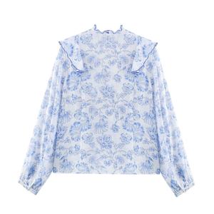 Chemisier à manches longues pour femme, imprimé floral, col en V, bleu et blanc, décontracté, avec volants, tissé, tendance pour le printemps, l'été et l'automne - Product Image 2