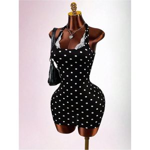 Vestido Mini Halter con Estampado de Puntos para Mujer, Vestido Ajustado sin Espalda con Cuello de Encaje y Lazos, para Fiesta o Club - Product Image 4