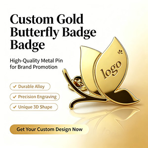 Badge papillon doré brillant personnalisé en alliage, gravé en 3D avec précision, certifié ISO, conception gratuite, faible MOQ, cadeau promotionnel pour marque, OEM - Product Image 1