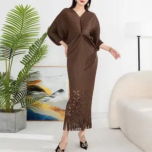 Miyake Pleated Dolman Sleeve Dress Elastic Stretch Tassel Long Dress Women 2023 Summer Casual Dress
