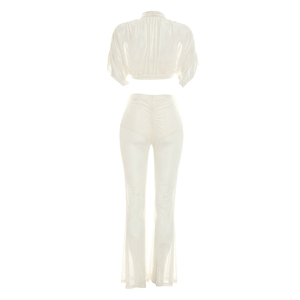 Conjunto Casual para Mujer Viviblook J26ST228, Top Corto de Malla Transparente de Color Sólido y Pantalones Acampanados, Conjunto de Dos Piezas para Damas - Product Image 6