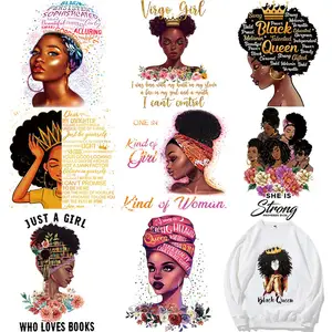 Woman Melanin Queen Heat Transfer Stickers Plastisol Iron High Quality Afro Girl on DTF Black Garment DTF or Screen Printing