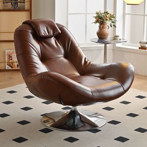 Sillón Giratorio de Cuero Estilo Italiano, Cuero Genuino Encerado con Aceite Marrón, Sillón Reclinable para Sala de Estar, Dormitorio, Estudio u Oficina - Product Image 1