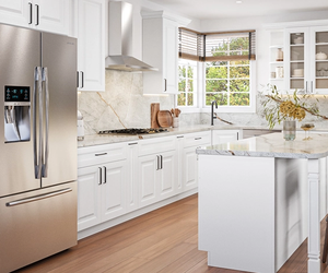 Armoires de cuisine modulaires en forme de L SANTOPOVA avec finition en bois grainé et laque mate |   Conception personnalisée avec appareils électroménagers intégrés - Product Image 1