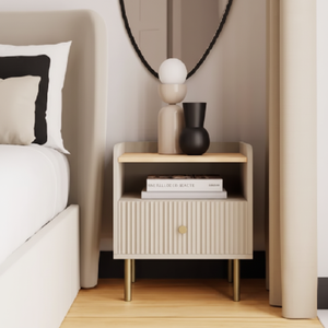 Table de chevet flottante ondulée à deux tiroirs au fini gris/beige avec lumière LED entre les tiroirs, design luxueux - Product Image 1