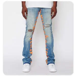Custom Streetwear Geprint Patroon Denim Broek Gestapeld Gescheurde Flare Jeans Heren