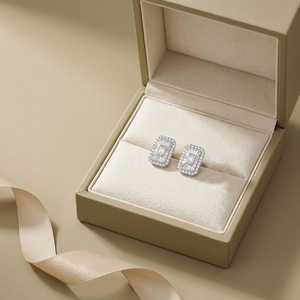 Pendientes de oro blanco macizo de 14 quilates de excelente calidad, estilo Art Deco, con diamantes halo, corte baguette y redondo, joyería fina para mujer, regalo de boda - Product Image 3