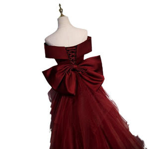 Borgogna gonna a coda di pesce logo personalizzato maglia abito da sera fabbrica direttamente Designer lungo abito Host all'ingrosso - Product Image 5