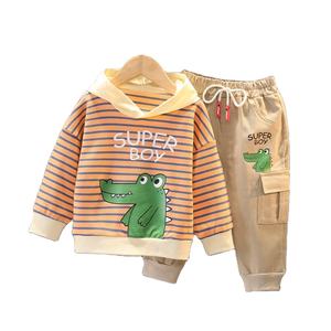 Ropa al por Mayor para Niños, Pantalones Color Caqui, Conjuntos de Sudadera con Capucha a Rayas con Dibujos Animados para Niños Pequeños - Product Image 1
