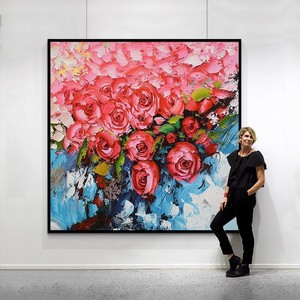 Peinture à l'huile peinte à la main, art floral rose, cadre en métal, décoration moderne pour salon, entrée, art mural, style impressionnisme - Product Image 4