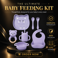Ensemble d'alimentation pour bébé en silicone violet en forme de chat : assiette à ventouse, bavoir, tasse à paille et anneau de dentition