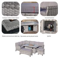Ensemble de canapés d'extérieur en rotin PE avec structure en aluminium moderne de haute qualité et table foyer intégrée pour hôtels, parcs et cours