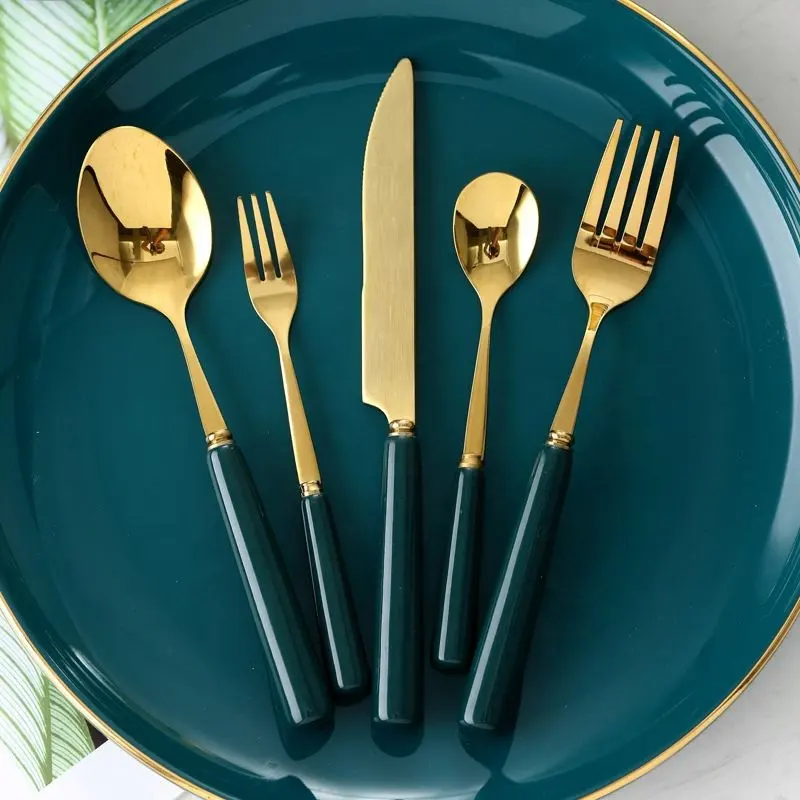 Peralatan Makan Stainless Steel, Peralatan Makan Prasmanan Sendok Garpu Pisau dengan Gagang Keramik, Set Peralatan Makan Perak Berlapis Emas