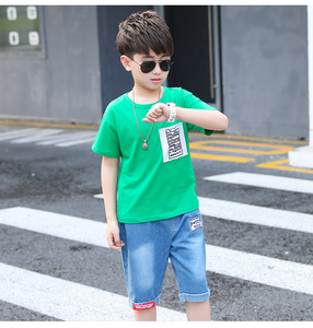 Ebay Express Francia Ropa de Bebé China Conjuntos de Pantalones Cortos 3/4 de Mezclilla de Verano y Camiseta con Estampado Verde para Niños - Product Image 4