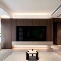 Muebles de Sala de Estar de Madera a Medida para Residencias de Lujo Modernas, Base de Piedra, Retroiluminación LED, Pared de Fondo para TV con Acabado Mate