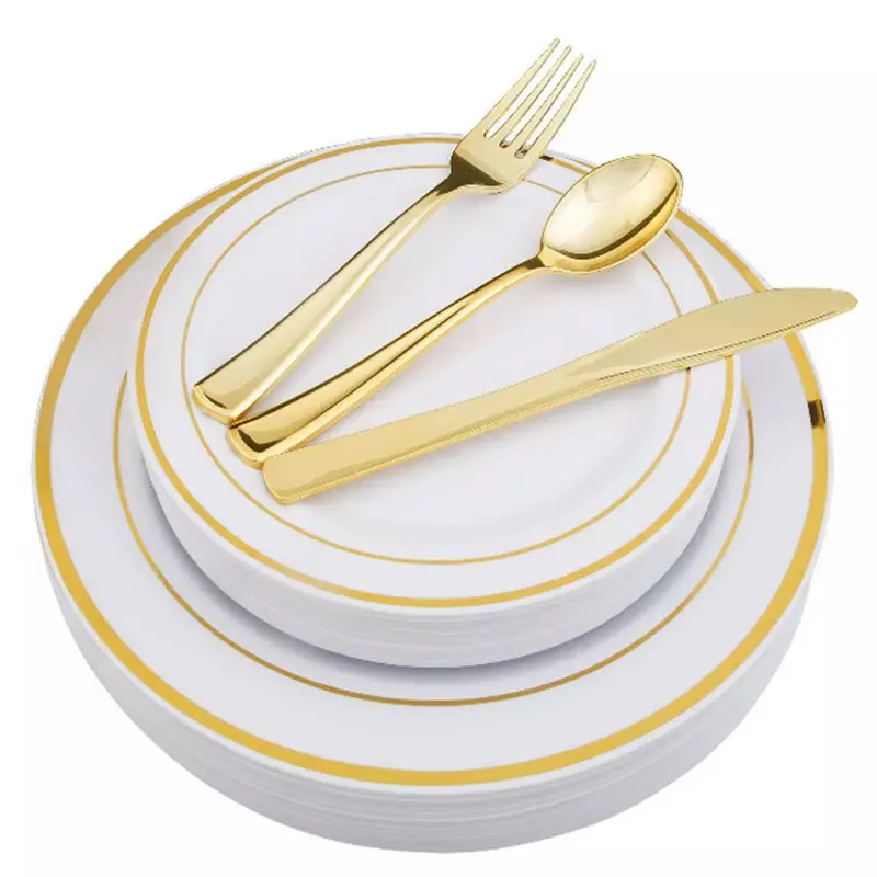 800 Piece Gold Dinnerware Set-200 Gold Plastic Plates-300 Gold Disposable Silverware Set-100 Cups-100 Linen Like Napkins-100 Paper Straws Gold Tableware Set for Party or Wedding 