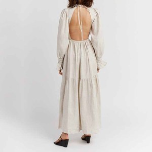 <strong>Custom</strong> Casual Backless Flare Sleeve Women Natural Linen Midi <strong>Dress</strong> With Sash - Product Image 4