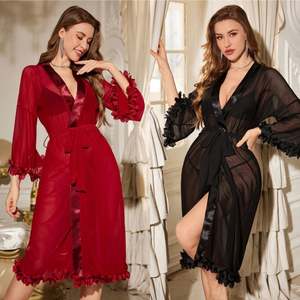 Sfy3950 Nouveauté 2025 Lingerie sexy, Robe de chambre à manches longues en maille et dentelle à volants, avec ceinture, pour la maison, légère - Product Image 1