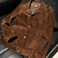 Veste en cuir suédé d'agneau importé pour homme, col rabattu, fermeture éclair sur le devant, poche à rabat, coupe ample, style vintage, patchwork, marron chocolat