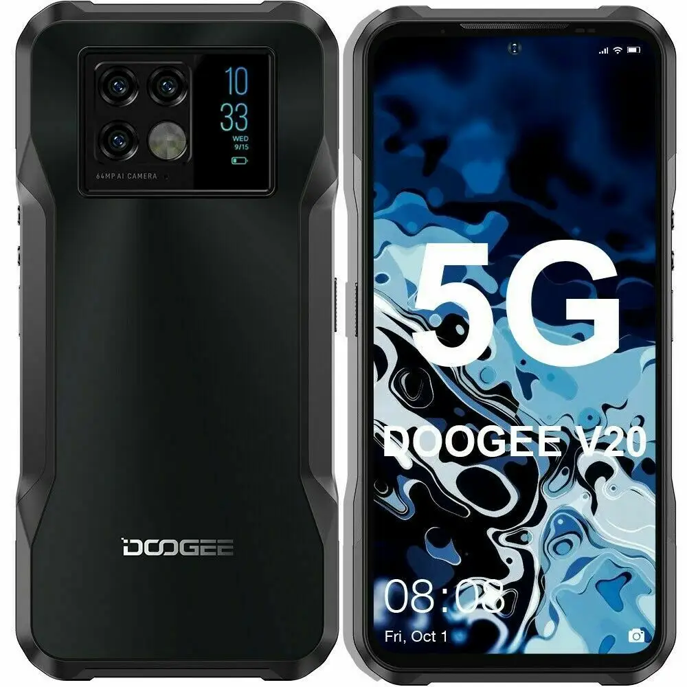 DOOGEE V20 5G 6,43 "FHD дисплей AMOLED инновационное заднее дисплей прочный телефон 8 + 256 ГБ 64MP камера 6000 мА/ч, чехол для телефона