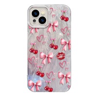 Funda Protectora para Teléfono Móvil con Estampado de Labios y Lazo de Cereza, Diseño de Seda Plateada para iPhone 8 X Xr Xs Max 11 12 13 14 15 16 17 Air