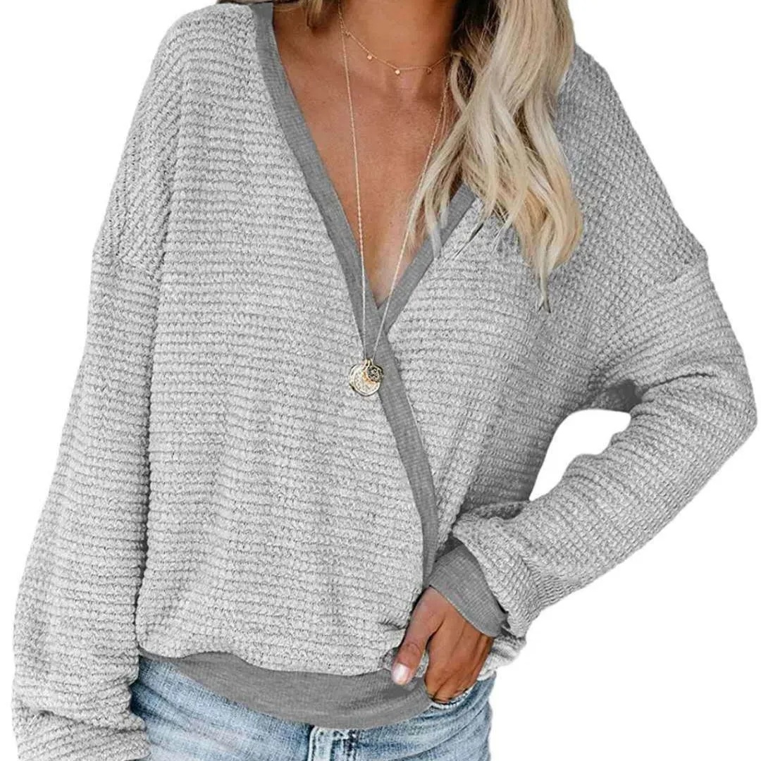 Womens Deep V Neck Wrap Sweaters Long Sleeve Waffle Knit Pullover Tops Shirts