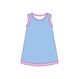 Vestido de Verano para Niña, Modelo GSD4050, Color Rosa Sólido con Estampado de Conchas Azules, Sin Mangas, Transpirable, Largo hasta la Rodilla, Venta al Por Mayor - Product Image 4