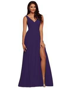 ורוד צווארון V שרוולים שושבינה שמלה אדום ארוך סקסי פיצול שיפון שמלה שחור פורמליות Vestidos דה גאלה כחול אונליין חצאית - Product Image 1